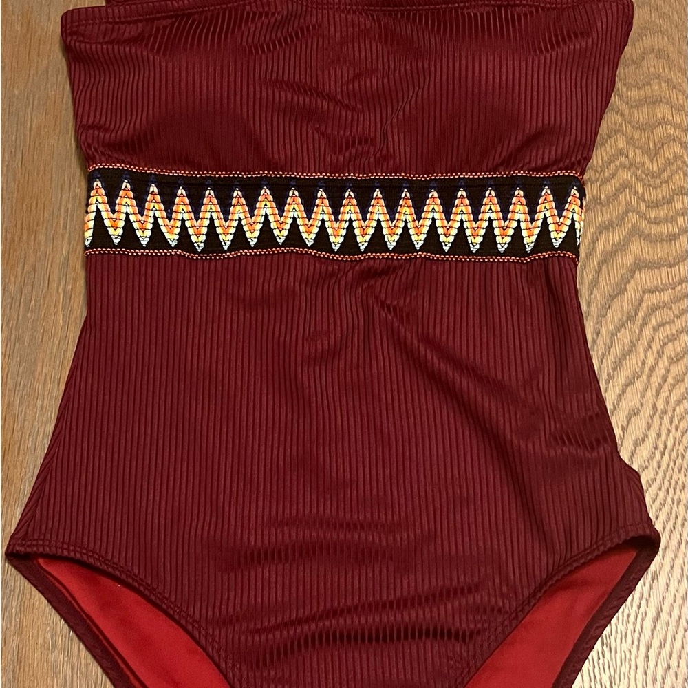 Burgundy Ribbed One Piece Swimsuit Ruffle Straps Geometric Embroidered Waist - Picture 6 of 7
